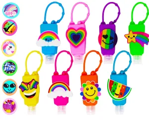 KINIA 8 Pack Empty RAINBOW Kids Hand Sanitizer Travel Size Holder Keychain Carriers, 8-1 Fl Oz. Flip Cap Reusable Empty Portable Bottles (8-Variety Pack RAINBOW)