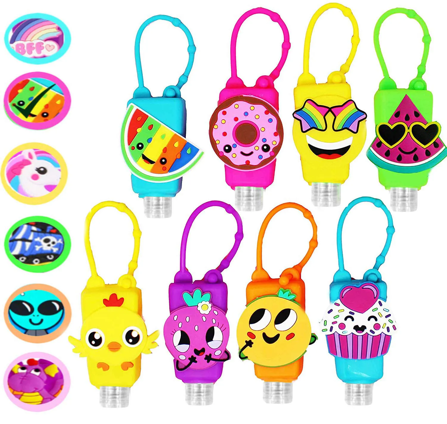 KINIA 8 Pack Empty RAINBOW Kids Hand Sanitizer Travel Size Holder Keychain Carriers, 8-1 Fl Oz. Flip Cap Reusable Empty Portable Bottles (8-Variety Pack RAINBOW)