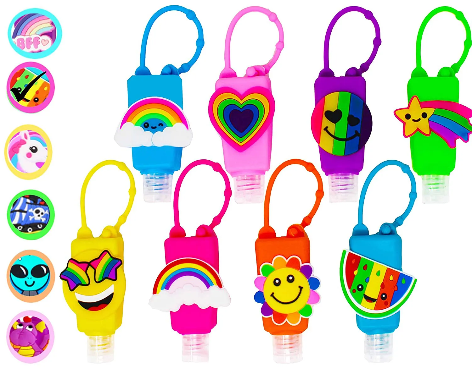 KINIA 8 Pack Empty RAINBOW Kids Hand Sanitizer Travel Size Holder Keychain Carriers, 8-1 Fl Oz. Flip Cap Reusable Empty Portable Bottles (8-Variety Pack RAINBOW)