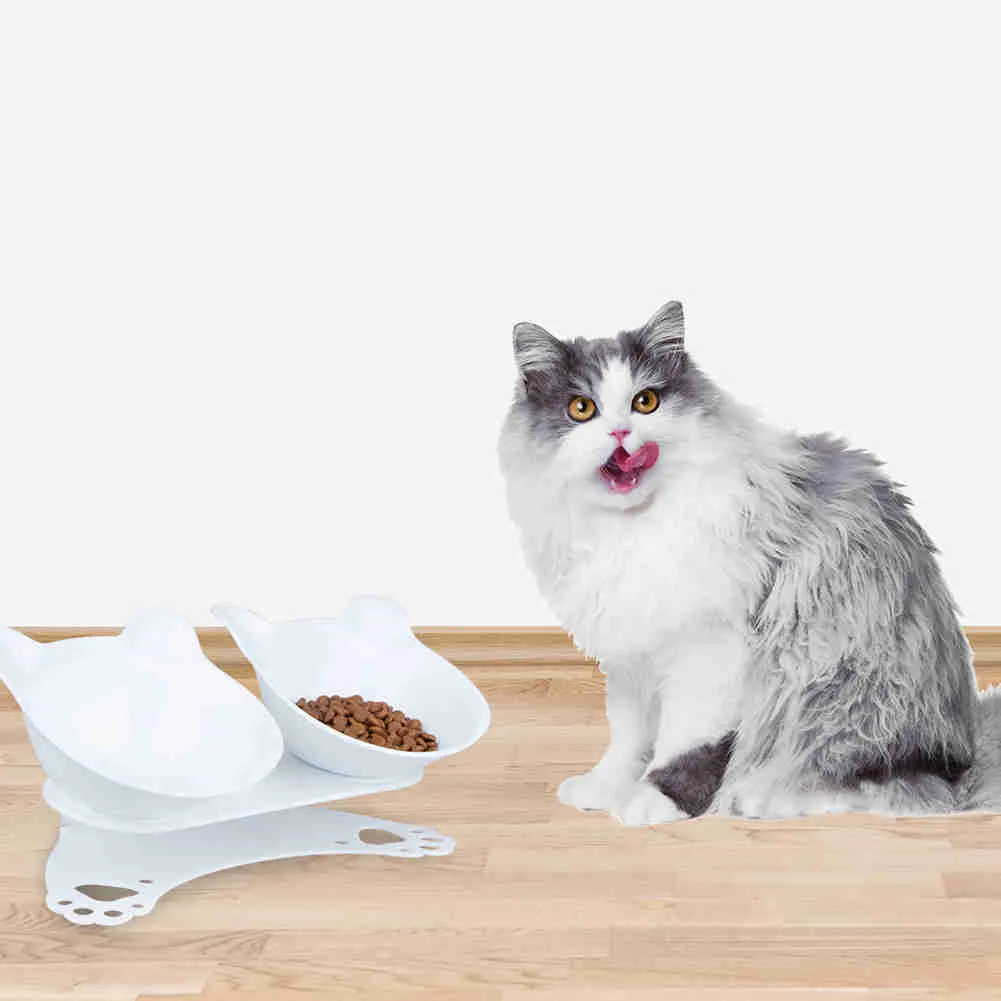 Tilted 15° Plastic Double Cat Feeding Bowls with Stand (White)