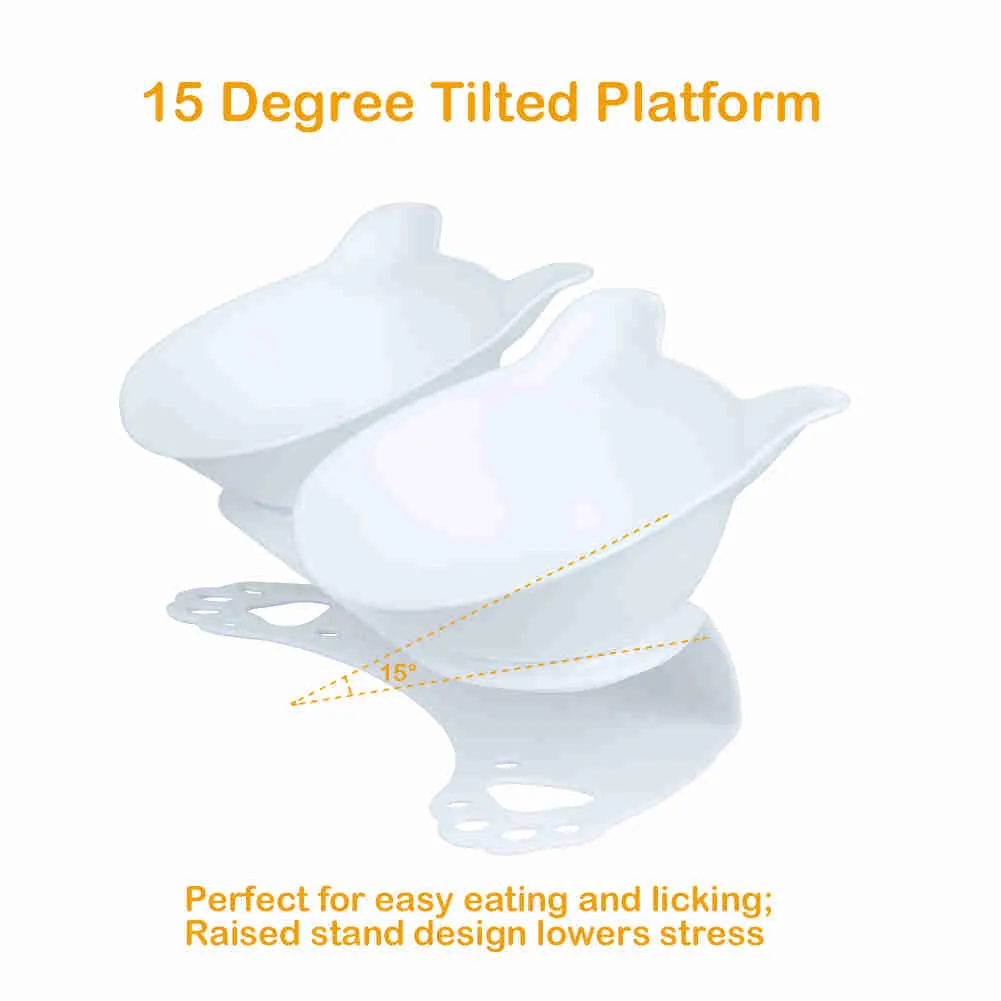 Tilted 15° Plastic Double Cat Feeding Bowls with Stand (White)