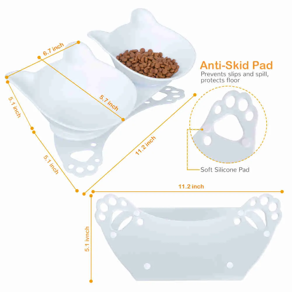 Tilted 15° Plastic Double Cat Feeding Bowls with Stand (White)