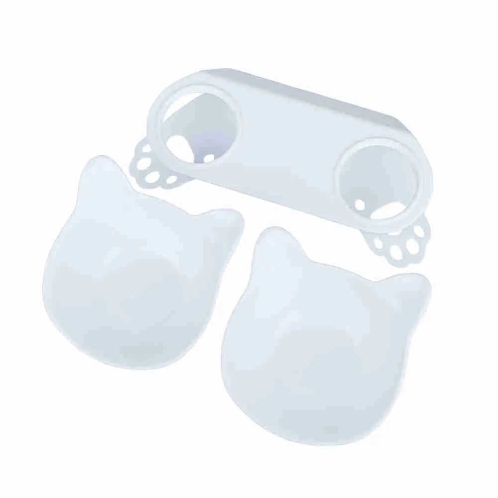 Tilted 15° Plastic Double Cat Feeding Bowls with Stand (White)