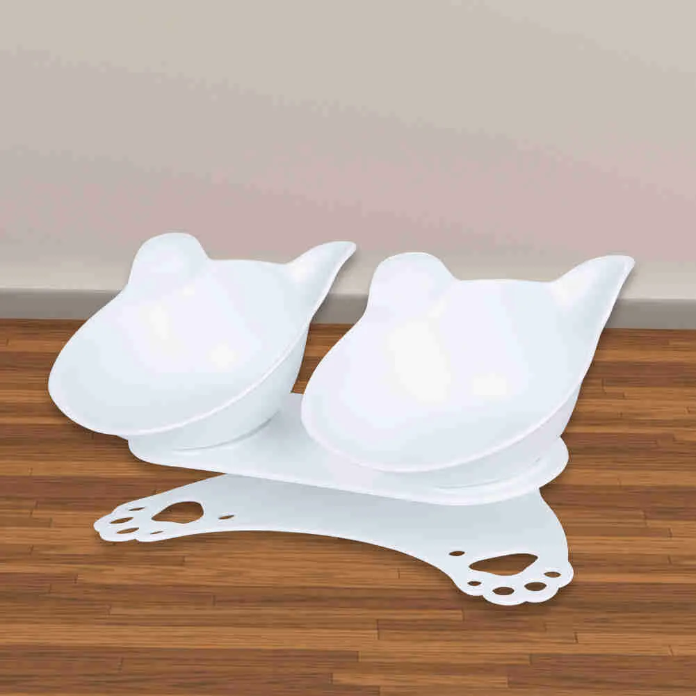 Tilted 15° Plastic Double Cat Feeding Bowls with Stand (White)